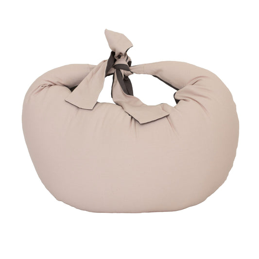 Hippychick Feeding Pillow in Dusky Pink with charcoal grey base and ties, shown upright with its long waist ties knotted at the top.