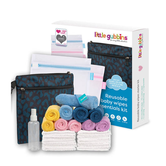 The ultimate all in one kit for reusable baby wipes. Pack includes: 10 x microfibre wipes; 10 x 70% bamboo 30% cotton wipes; Large 30 x 28cm waterproof wet bag with 2 zip-close pockets and a sturdy strap. 2 x colour coded laundry bags. 100ml spray bottle