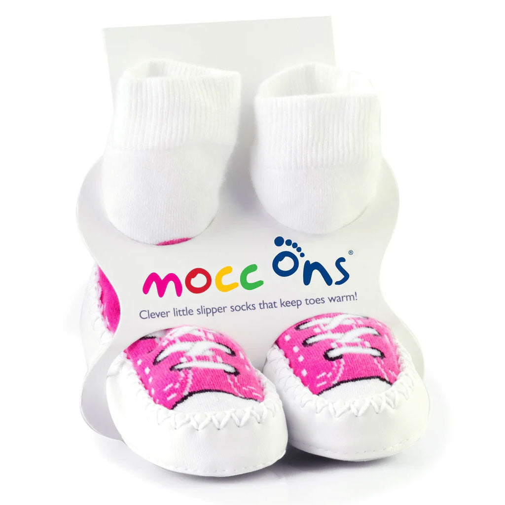 Mocc Ons are cute moccasin style slipper socks that ensure babies and toddlers have warm and comfortable feet throughout the year! Mocc Ons have high quality leather soles which are stitched to a soft stretch cotton sock. 