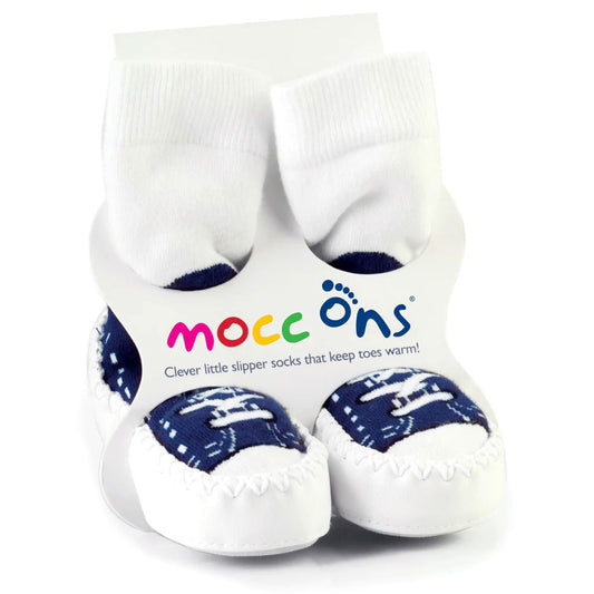 Mocc Ons are cute moccasin style slipper socks that ensure babies and toddlers have warm and comfortable feet throughout the year! Mocc Ons have high quality leather soles which are stitched to a soft stretch cotton sock.