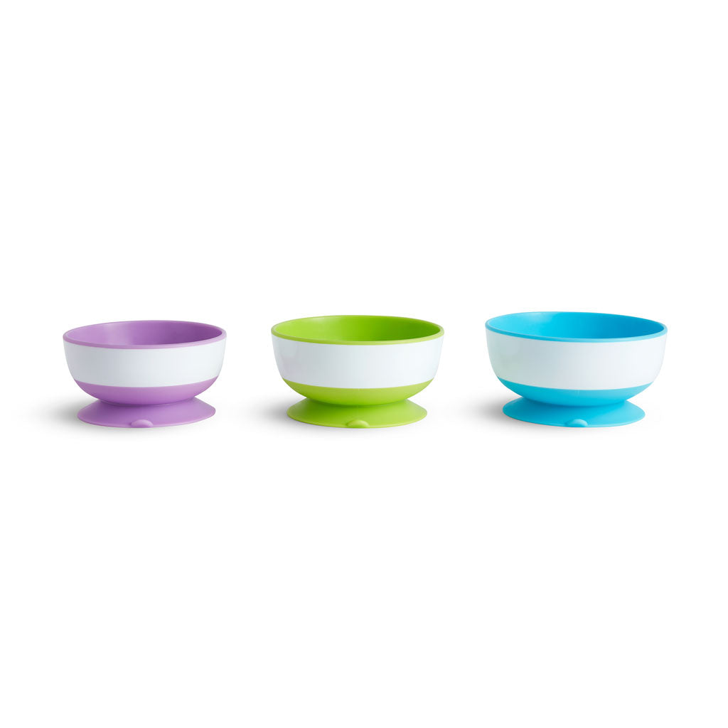 Convenient three-pack of Stay Put™ suction bowls, designed with kids, toddlers and babies in mind.  The strong suction base will adhere to most surfaces, and the quick-release tab makes removal easy for adults. Microwave and top-rack dishwasher safe, food prep and clean up is easy and quick, too.