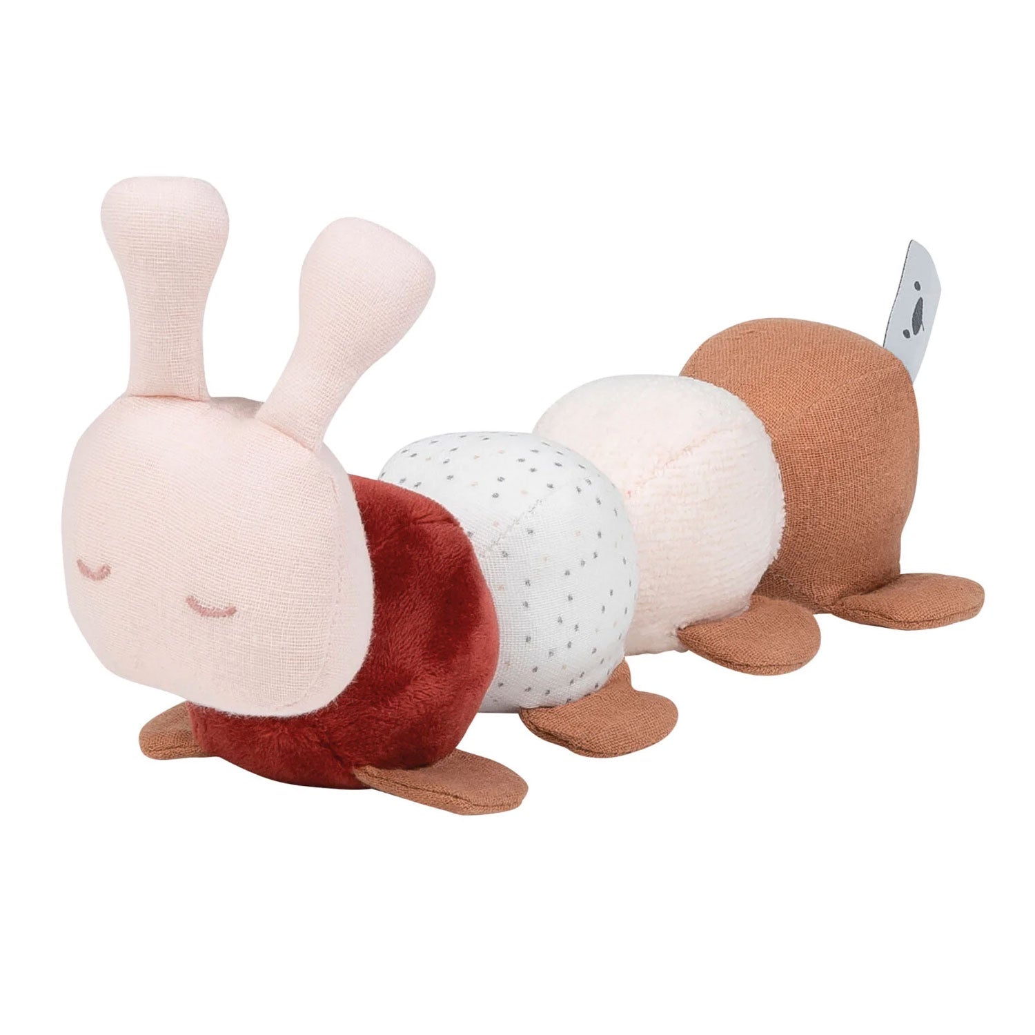 A beautifully soft and cute cuddly caterpillar toy from Nattou. The caterpillar comes with four activities designed to stimulate the senses of your new little one. Rattling, squeaking, paper crunching and various materials made this a cuddly toy with a difference!