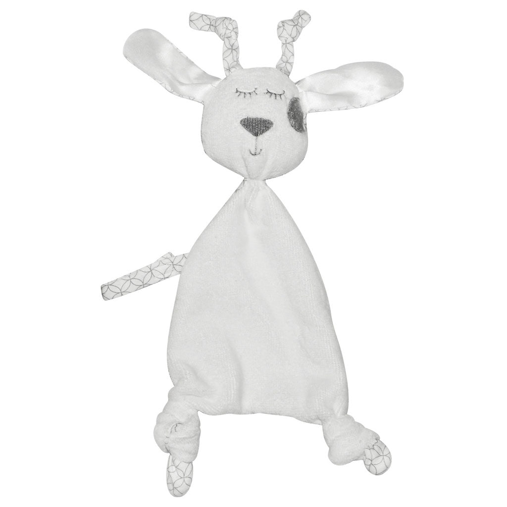 SnuggyPop Comforter by Silly Billyz. Made with a cotton velour front, designer jersey cotton backing and silky smooth ears there are plenty of different textures for little fingers to explore.