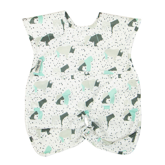 Animals print Silly Billyz wipe-clean highchair hugger bib featuring wide shoulders and an elasticated hem for effective spill and mess protection.