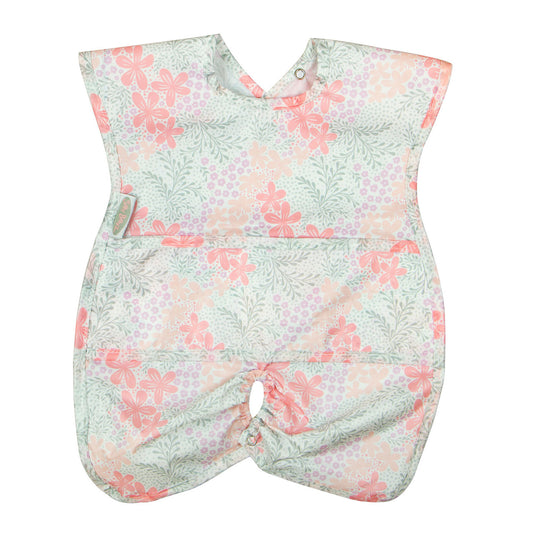 Bloom print Silly Billyz wipe-clean highchair hugger bib featuring wide shoulders and an elasticated hem for effective spill and mess protection.