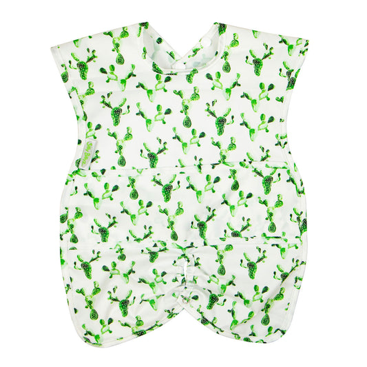 Cactus print Silly Billyz wipe-clean highchair hugger bib featuring wide shoulders and an elasticated hem for effective spill and mess protection.