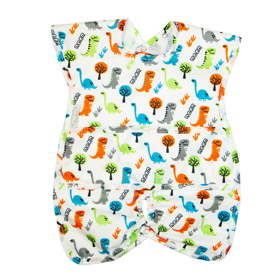Roar print Silly Billyz wipe-clean highchair hugger bib featuring wide shoulders and an elasticated hem for effective spill and mess protection.