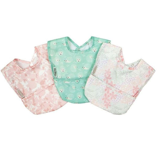 This bright fun Wipe Clean collection of pocket bibs means you can simply wipe the coated front section of the bib down after each meal and wash it as necessary.  The sweet design nylons are coated with baby safe PU which is easy wash tumble dry safe on low.
