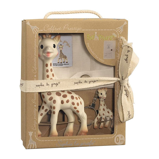 The prestige gift set includes a Sophie la girafe, baby's first toy that stimulates all of baby's senses, a 100% natural rubber Sophie la girafe keyring.