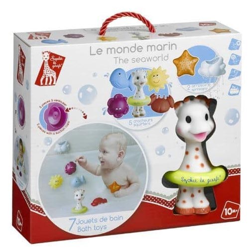 Set of Sea themed Bath Toys. Contains 7 pieces: Sophie la girafe: Easy for little hands to grasp and manipulate so Baby can easily play in the bath.