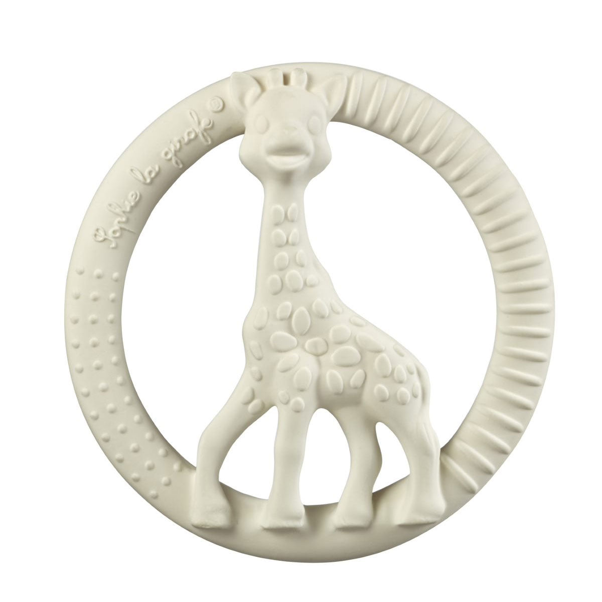 A ring teether for babies made from 100% natural rubber.  Featuring several soft parts to chew on and a variety of textures, this product offers variou massage options that effectively soothe baby's sore gums.  Lightweight and ergonomic, this teether easy easy for little hands to hold!