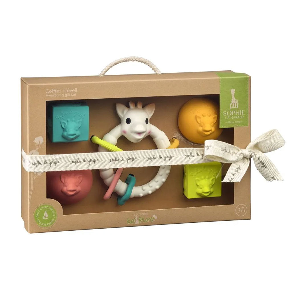 A combination set of two of the best sellers in the Sophie La Girafe So Pure Collection, the balls and cubes with the multi-textured teether.