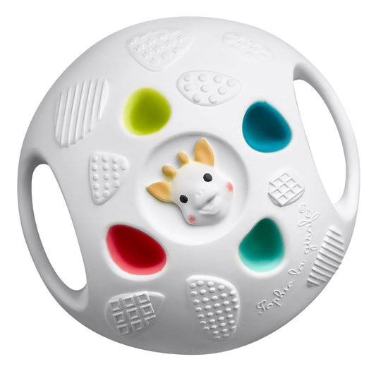 A Sensory Ball made from 100% natural rubber, extracted from the Para rubber tree. With its bright colours and a variety of textures (including ridges, stars and rounded loops), this toy will help develop your baby's sight and sense of touch.