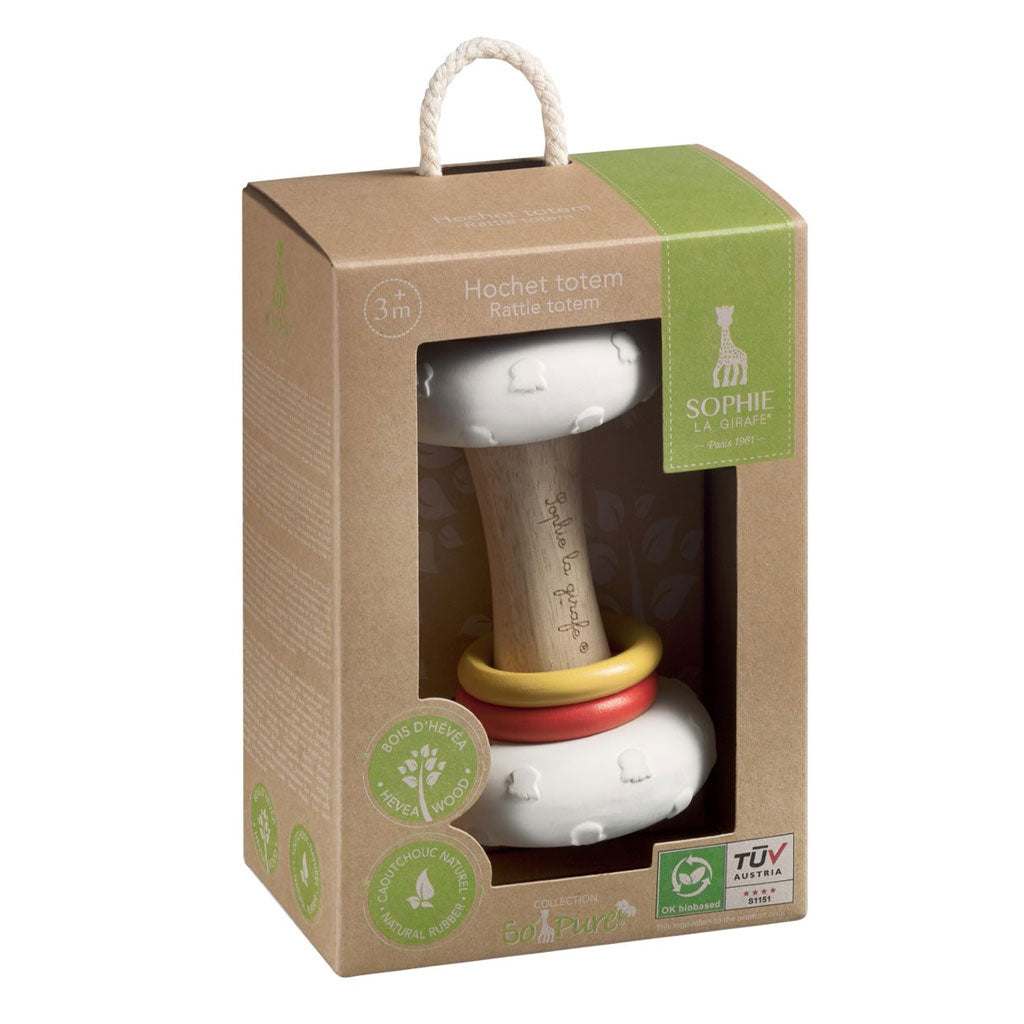 With an easy shape to grasp for little hands, this totem rattle has everything to stimulate baby's senses:. It's got little balls inside the handle and 2 wooden rings to listen to while they bang together.  Two different materials  vary the sensations of touch  and 2 colourful teething rings made from rubberwood to make some clatter.  The two ends are removable parts made from 100% natural rubber with textured surface to chew.