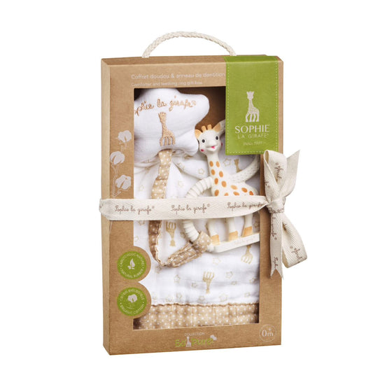 Baby Gift Set includes Sophie la girafe comforter with pacifier holder and teething ring.