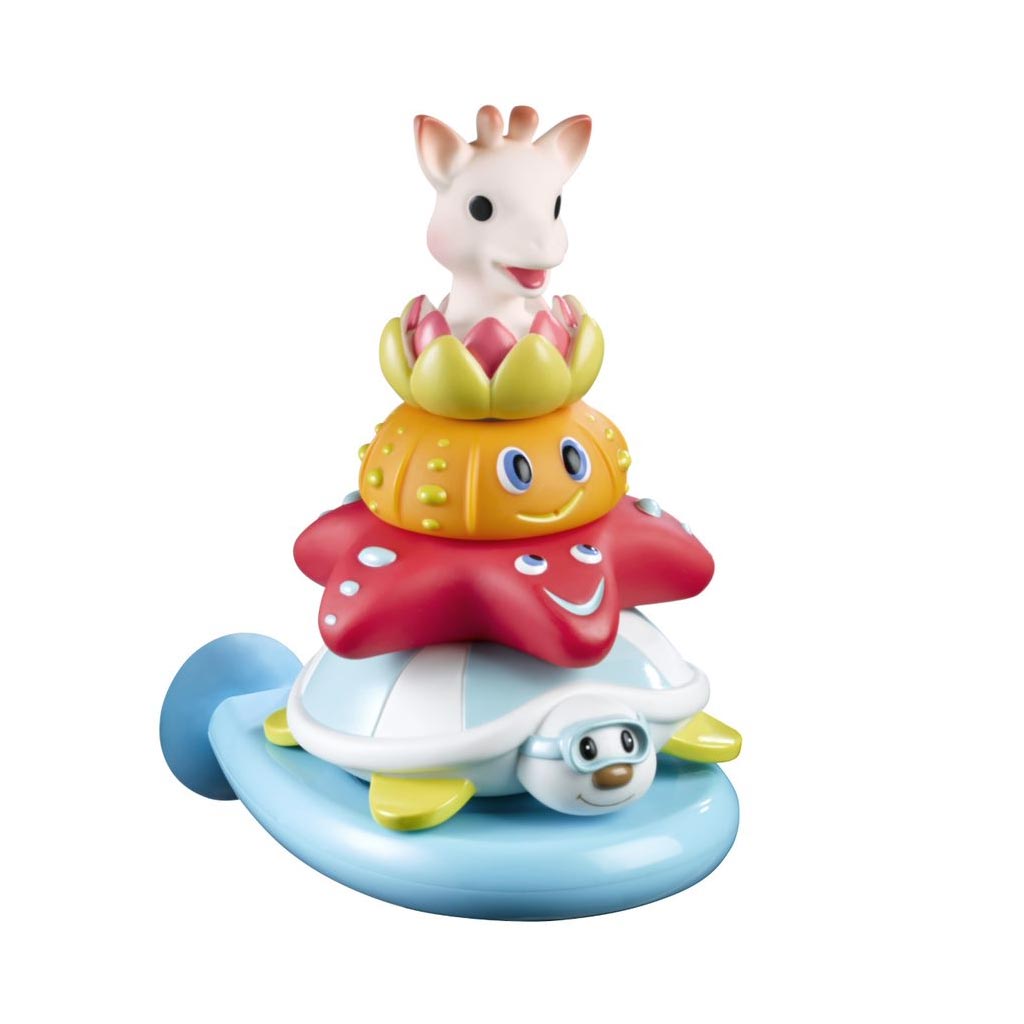A pyramid stack bath toy.  Packed with features that will stimulate baby's sensory development! Sophie la girafe and 3 ring-shaped marine animals pile on surfing.