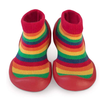 Step Ons Rainbow Stripe baby shoes shown as a pair, with integrated rubber soles.