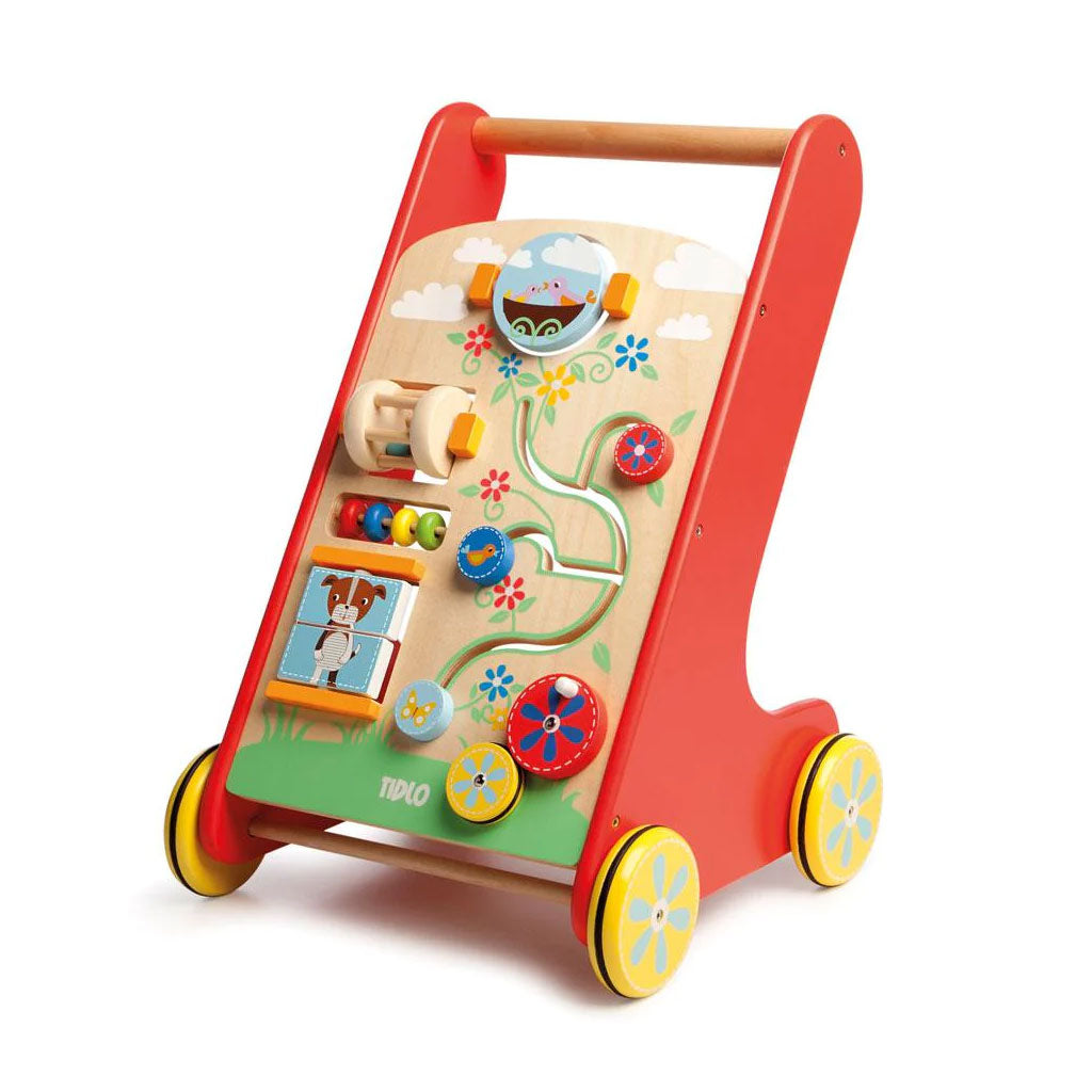 The baby walker has bright colours with nature scene graphics, this baby push along walker includes a spinning cage rattle, mini abacus, a spinning mirror, matching blocks and more to entertain and stimulate young minds. 