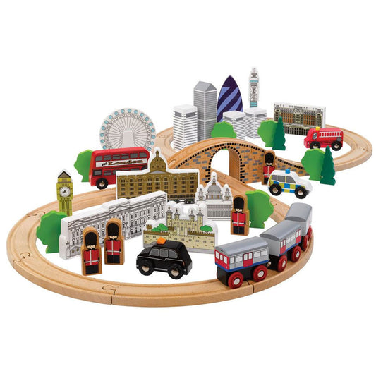 With over 50 pieces, this train set includes 17 pieces of wooden track, an underground train made up of 3 pieces, trees, iconic buildings including the London Eye, Buckingham Palace, Big Ben, the Gherkin, Harrods and more; plus recognisable vehicles including a Black Cab and Red Double Decker Bus.
