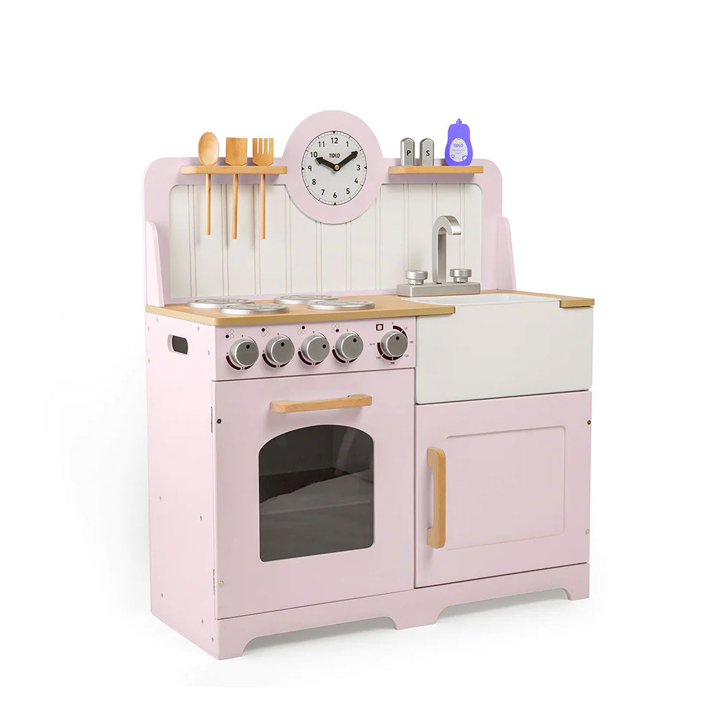 Inspire budding young chefs to cook up a storm with the delightful wooden Country Play Kitchen from Tidlo. This lifelike wooden play kitchen features an oven and hob with clicking dials, a storage cupboard, a Belfast sink, utensil shelves and a clock with moveable hands, to ensure dinner is served on time!