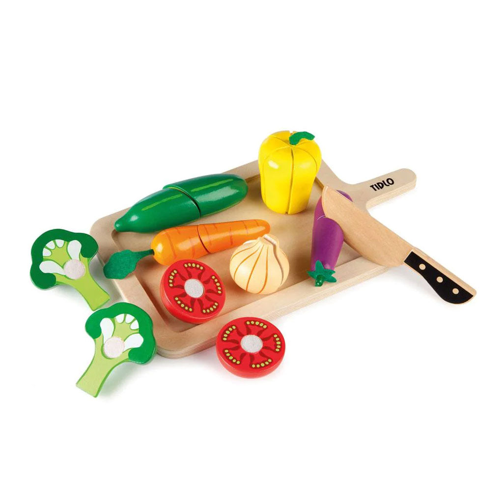 These chunky wooden play food vegetables are ideal for pretend play. The vegetables stick together with Velcro and come supplied with a wooden tray and knife. Kids can slice the colourful vegetables on the chopping board with a wooden knife.  In the toy food set is a broccoli, pepper, carrot, aubergine, tomato and more!