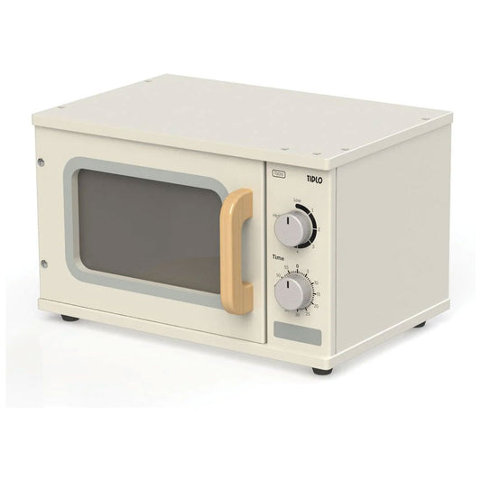 With a realistic internal turntable and dials that turn and click, this compact wooden pretend microwave is great for role playing.  Sturdy and robust, it features a front opening door with magnetic stopper, that opens wide for easy access.