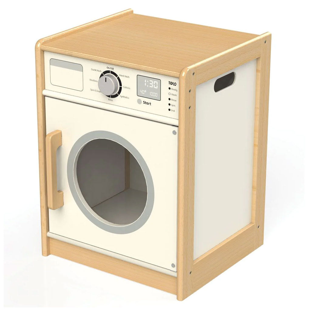 Everyone loves fresh and clean clothes to play in, so why not give yours a quick whirl around in the Tidlo Washing Machine! With clicking dials and an easy-open large front door, this wooden washing machine is a great addition to any play kitchen.