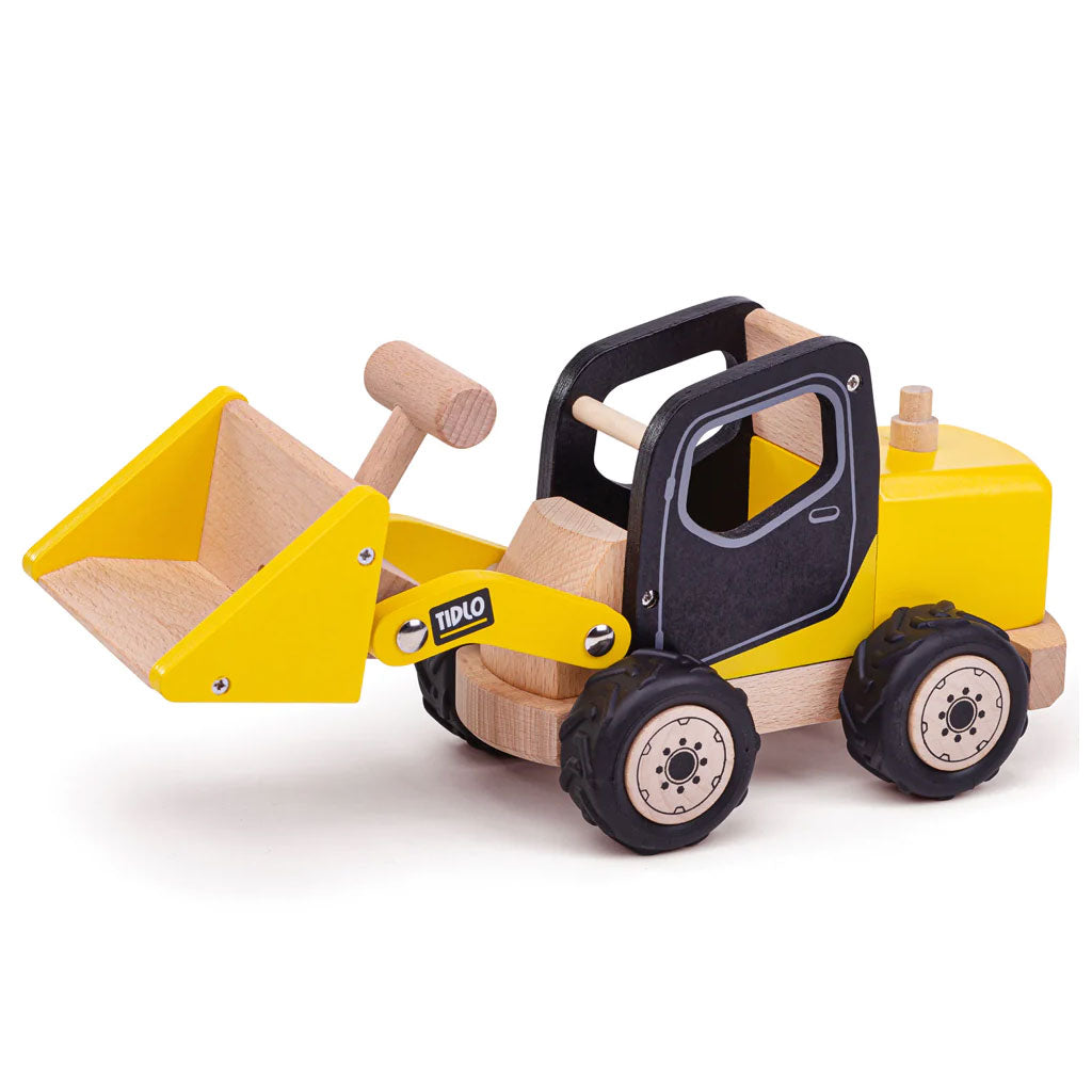 Mini builders will love this fun construction toy! This durable Tidlo Front End Loader ensures scooping up pretend dirt has never been more fun! Features a bucket with a handle attached, allowing you to scoop and dump the contents with ease.