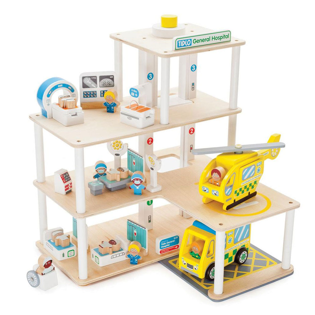 This 30-piece hospital toys set includes an air ambulance, road ambulance, ward beds, privacy screens, surgery lights and tables, a heart monitor, MRI scanner and X-Ray machine, a clicking elevator, helicopter landing pad, and an A&E ambulance drop off point. Plus a wheelchair, stretchers, and five patients.