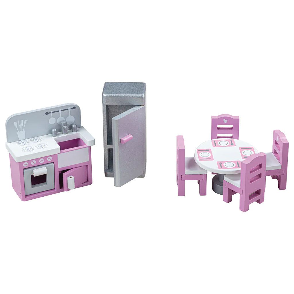 This extensive 9-piece wooden dolls house furniture set includes a fridge/freezer, a table and four chairs, two food accessories and a combined sink/stove which features a shopping list painted above the hob.