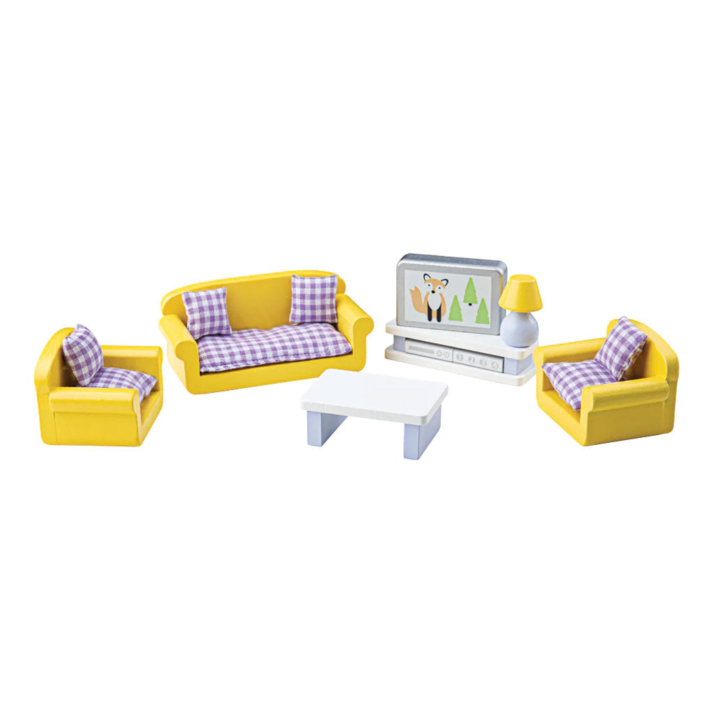 Beautifully constructed from beech wood, this living room dollhouse furniture set has everything your child needs to create a fully furnished living area.