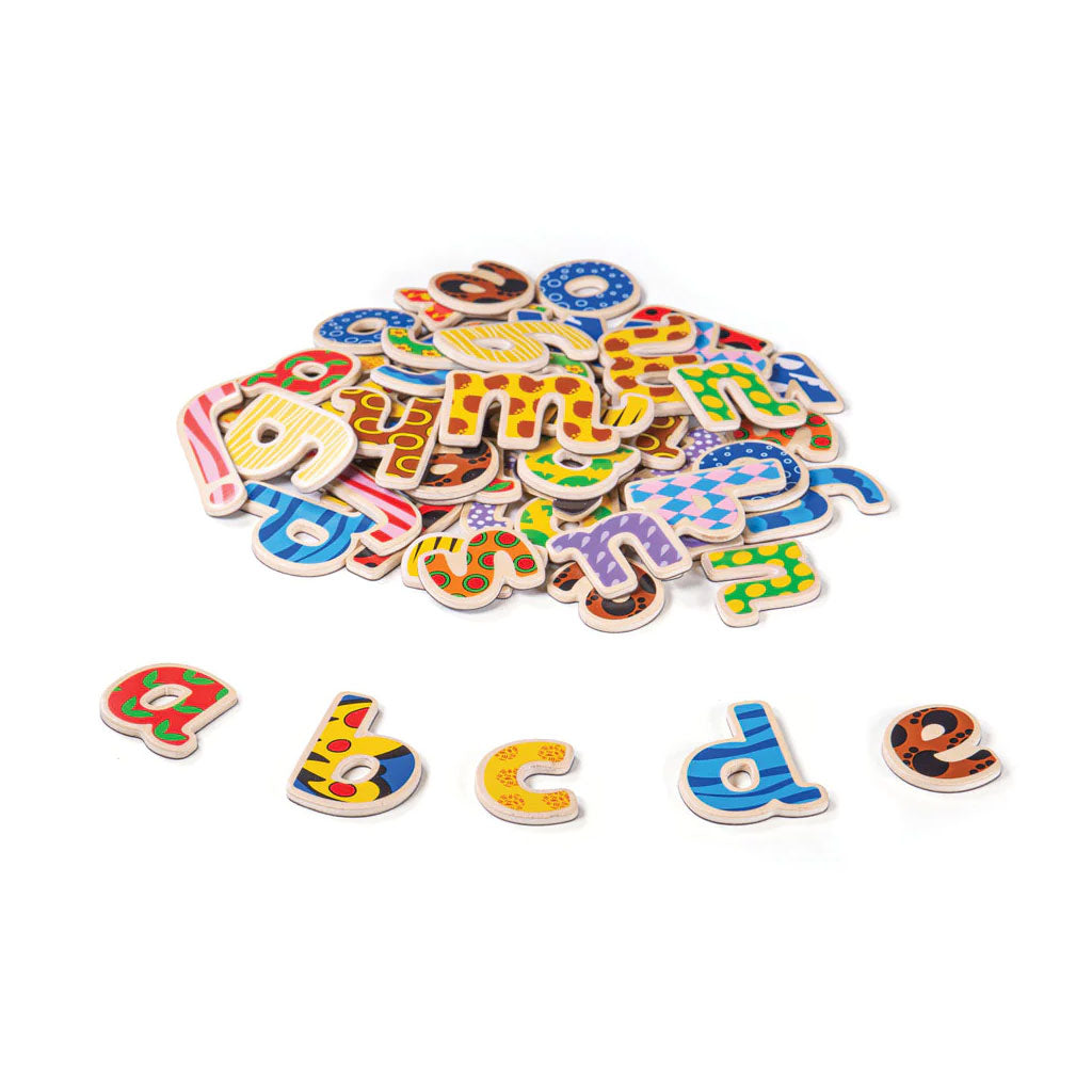 This 58 piece set of lower case letters includes letters A to Z with extra vowels. High quality and brightly painted, these lowercase magnetic letters feature patterns that make them appealing to young minds.