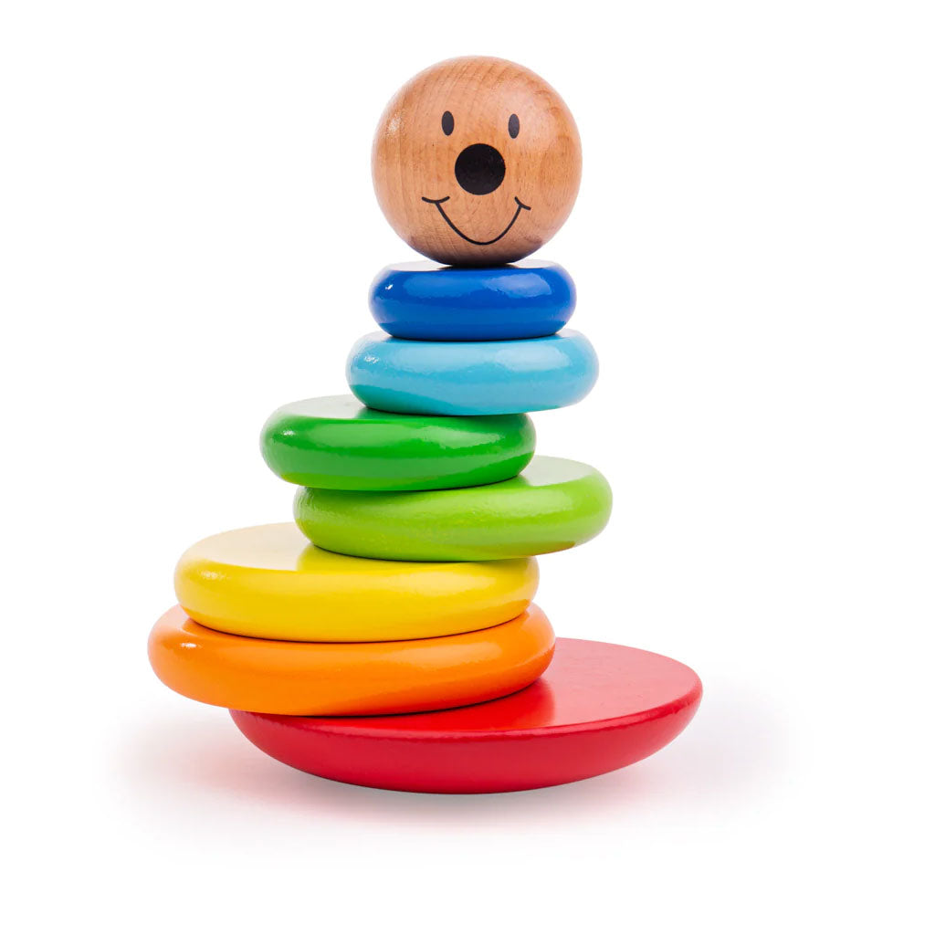 A great first stacking toy, this friendly faced character isn't your traditional stacking toy! Each of the brightly coloured wooden pieces features a clever magnet inside so that they sit firmly on top of one another, removing the frustration of slotting them onto a pole.