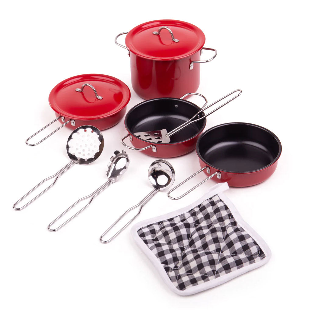 Non-Stick Kids Kitchen Set from Tidlo. Includes four non-stick pots and pans, four utensils and an oven mitt.  All of the pieces have been scaled down to make it easier for little hands to grasp and use when cooking up a storm! 