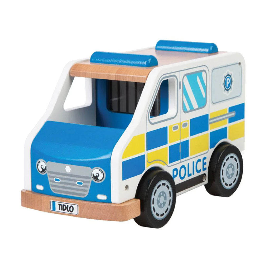  Tidlo Wooden Toy Police Van. With a sturdy wooden construction, the police van is fully equipped and ready for any emergency, and is sure to have robbers everywhere shaking in their boots at the thought of being chased by this intricately designed vehicle!  Features a removable roof panel and elasticated back doors.