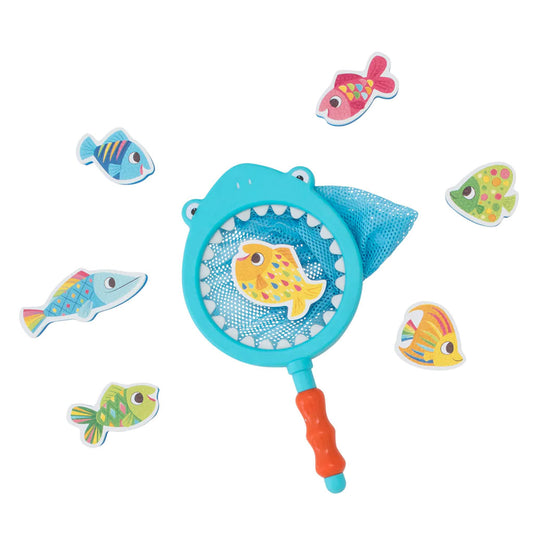 Catch a Fish bath toy. Kids can use the shark net to scoop up as many of the fish as possible. They can then count the fish in the net and divide them by colour.