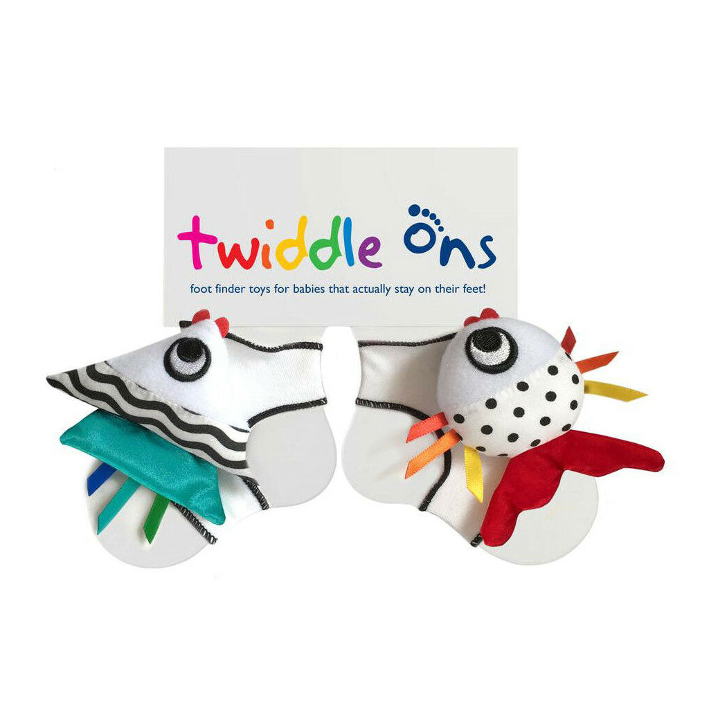 Twiddle Ons are foot discovery toys that not only engage baby to find their toes but they also keep baby socks on!