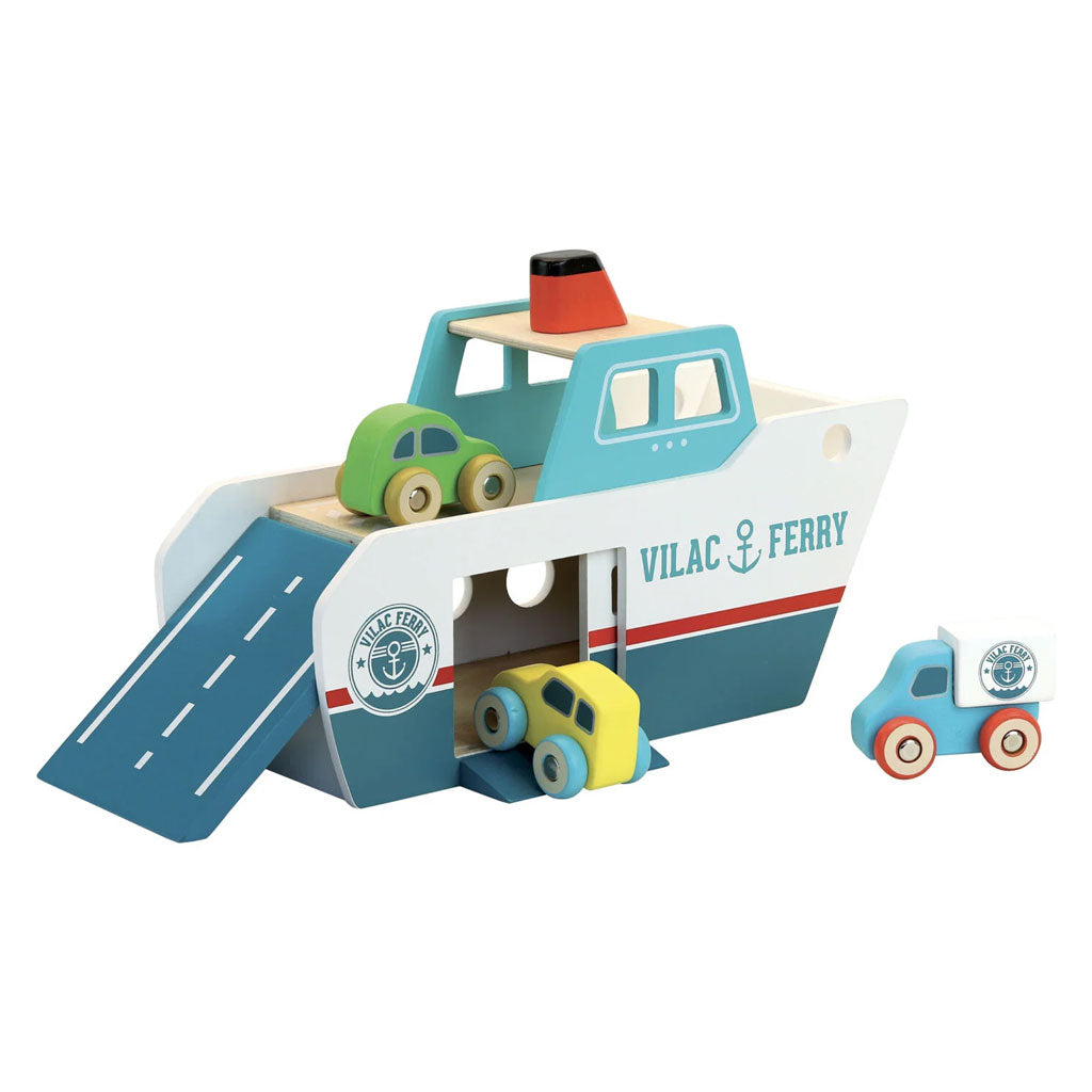 A bright and jolly little ferry boat which will provide hours of entertainment loading and unloading the wooden vehicles. There is a sliding door and long folding ramp – so two decks to fill!