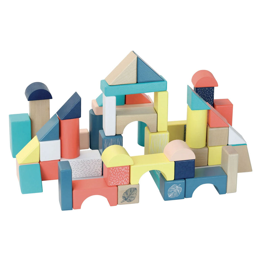 Beautifully on trend colourful wooden blocks designed to capture your little ones attention and imagination. The 54 solid wooden blocks provide so many different creative ways for your child to play.