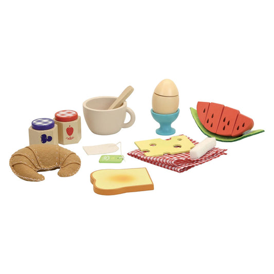 A lovely filling breakfast including a boiled egg, a piece of toast, a croissant, 1 slice of cheese, 2 small jam pots, 1 teacup with a tea bag and a delicious slice of watermelon to cut into small pieces! This cute breakfast set is great for encouraging imaginative play and hand-eye coordination.