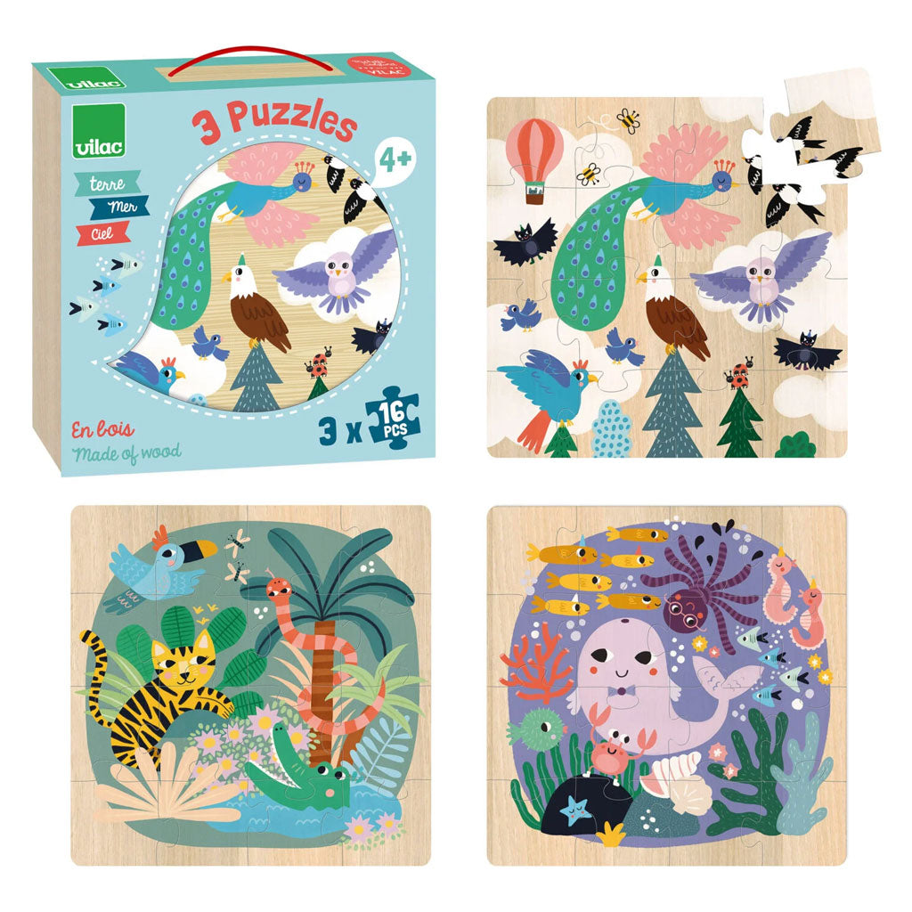 Discover the creations of the earth, sea, and sky with these beautifully illustrated puzzles by Vilac. Featuring jungle beasts, aquatic creatures, and different feathered friends.