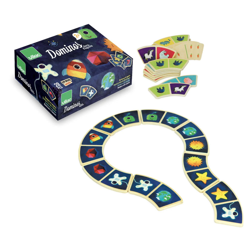 This fun Vilac game consists of colourful wooden pieces with cute space motifs such as stars, rockets, and astronauts. The dominoes are reversible!