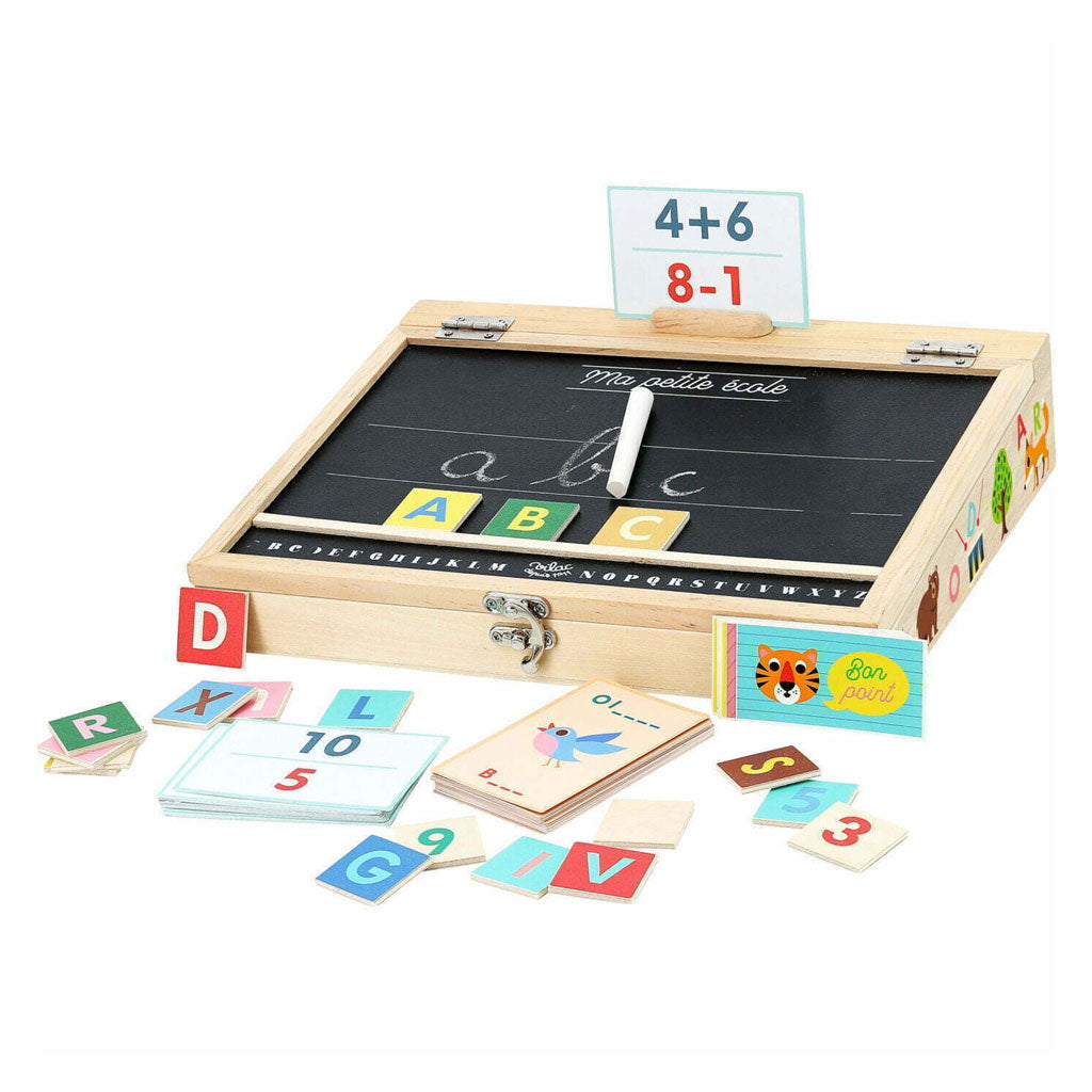 This lovely, compact My First School set from Vilac will help make early learning fun for your little one. They can make different words in English and French using the vocabulary cards, as well as using the calculation cards to practice their maths skills.