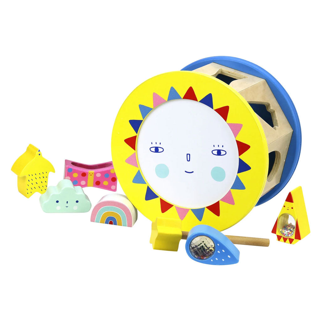 An unusual wooden shape sorter with a night side and a day side, and shapes to make fun little noises. Will stimulate little ones’ curiosity and provide hours of entertainment and imaginative play.