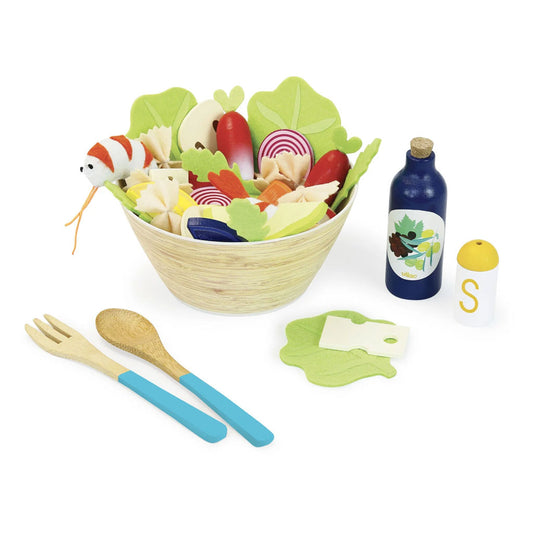 Make endless varieties of salad with the cutest toy salad set on the market. The ultimate kit, complete with 40 different wooden and felt pieces.   Let your little one get creative and familiar with food. Let their imaginations run wild with this set whilst introducing them to diverse and healthy eating options.