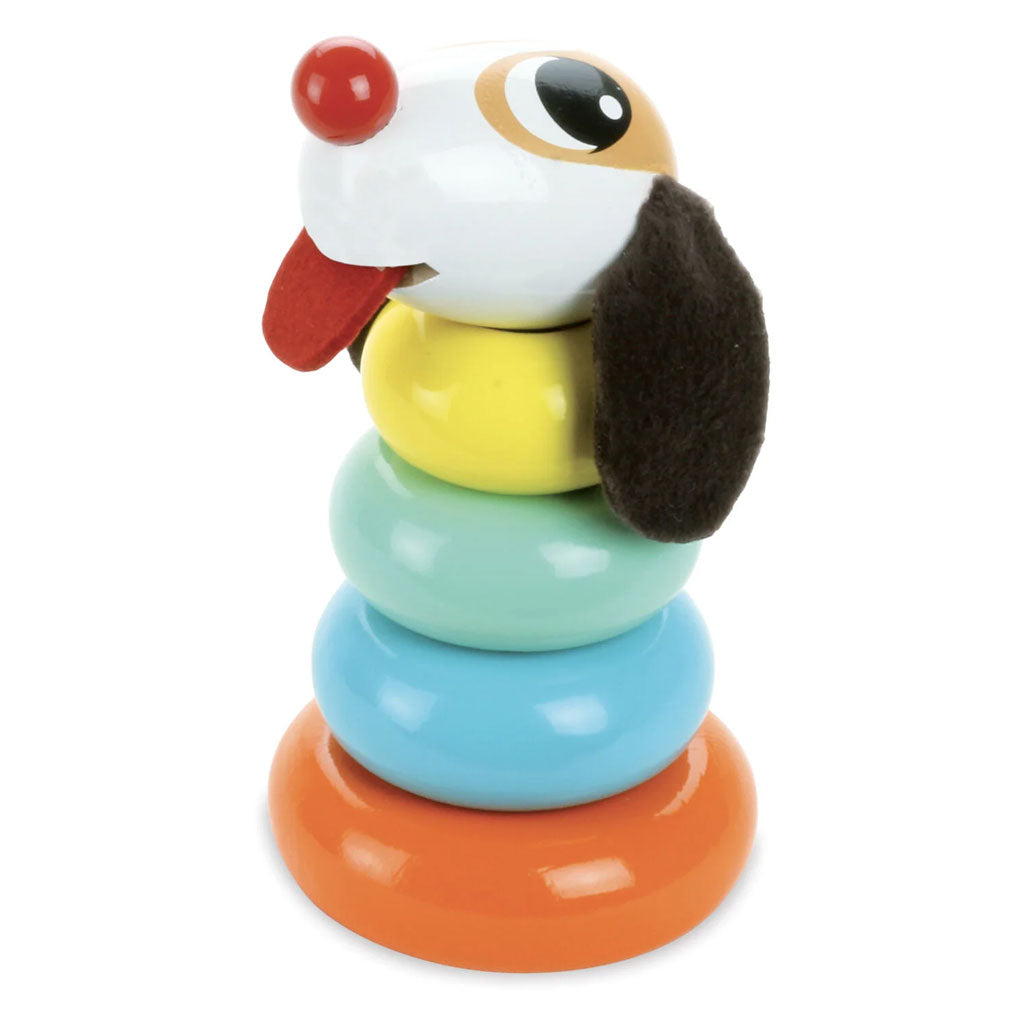 This beautifully designed wooden stacking toy is great for encouraging development, hand to eye coordination and shape sorting in young toddlers. To top it off – a cute little dog which any little one can enjoy!