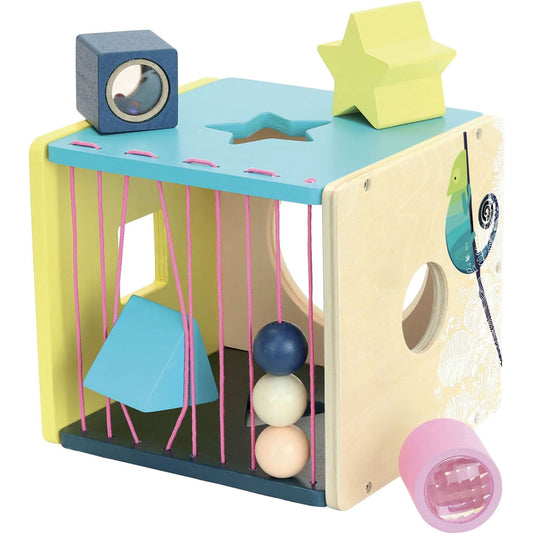 This fun, colourful wooden box from Vilac will encourage hours stimulating entertainment for your little one. Each side has a different design with which to interact differently, either a mini drum to play, a gap for a block to fit into, or a elastic strings to play with.