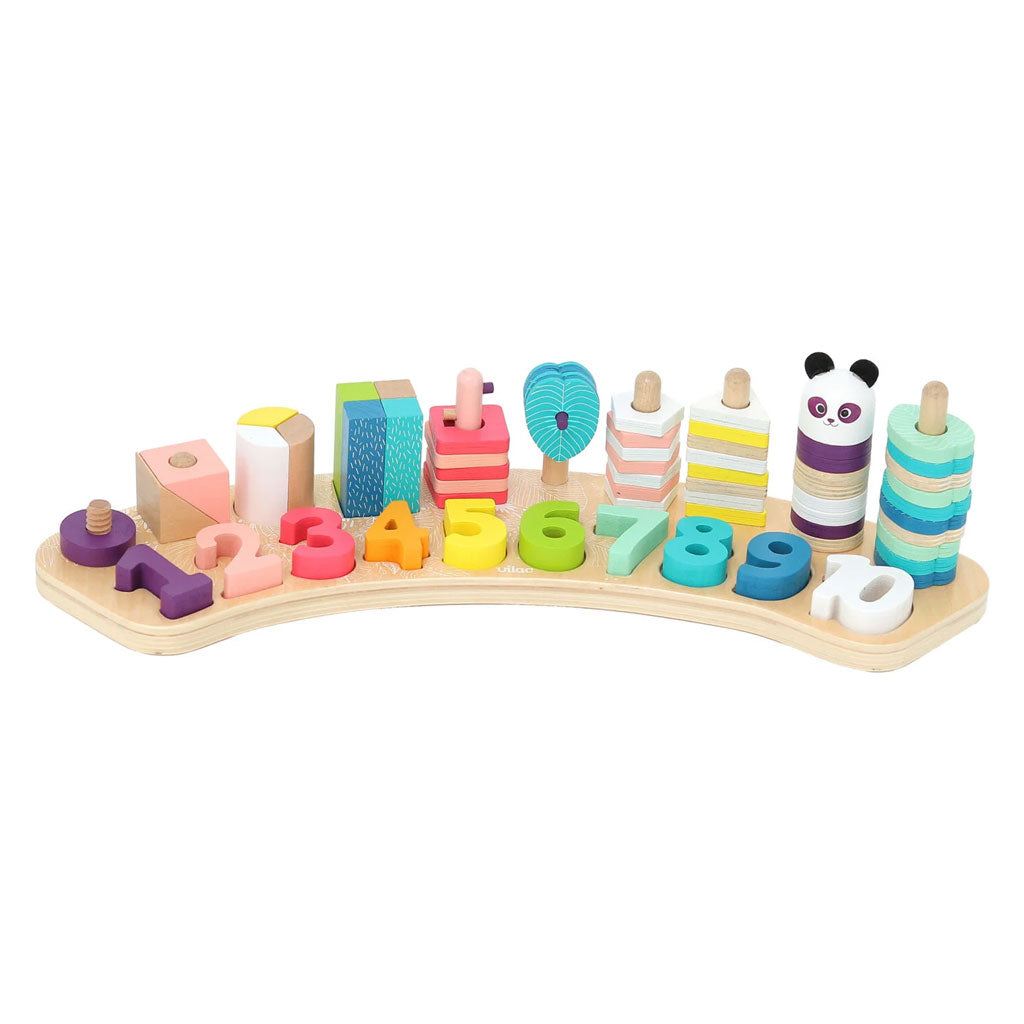 This beautifully designed early learning toy contains a base and 65 colourful wooden pieces to play with and looks great in any nursery!  Your little ones can place the numbers in their corresponding location and then match the amount to the number with the pieces by either inserting, stacking, or threading them onto the base.