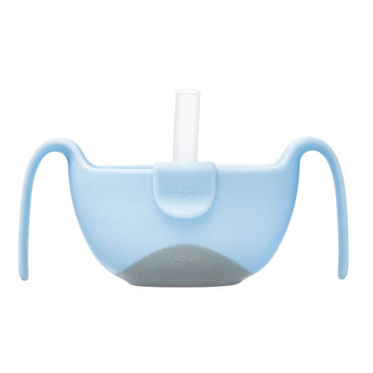 Bowl with straw. Large easy grip handles encourage independence. Removable straw and clip. Tear drop bowl shape. Non slip base. Easy storage lid