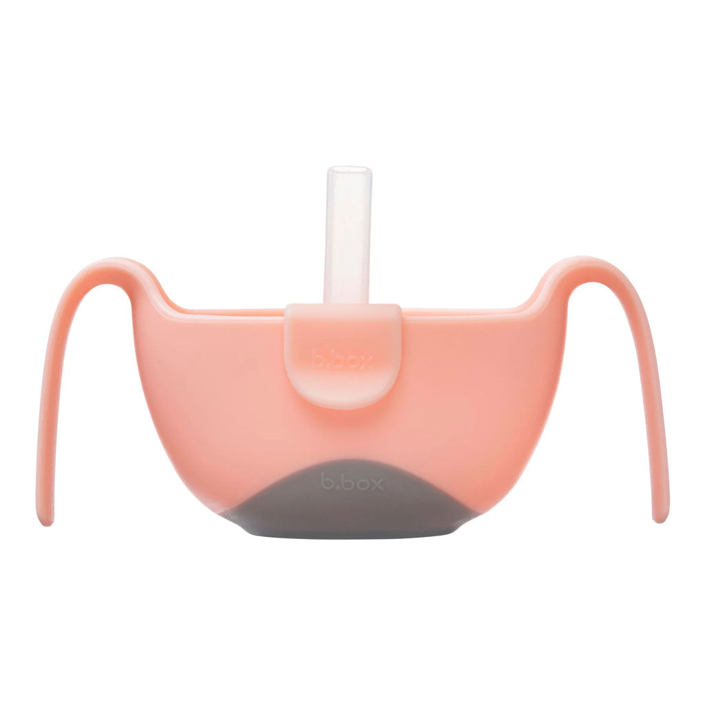 Bowl with straw. Large easy grip handles encourage independence. Removable straw and clip. Tear drop bowl shape. Non slip base. Easy storage lid